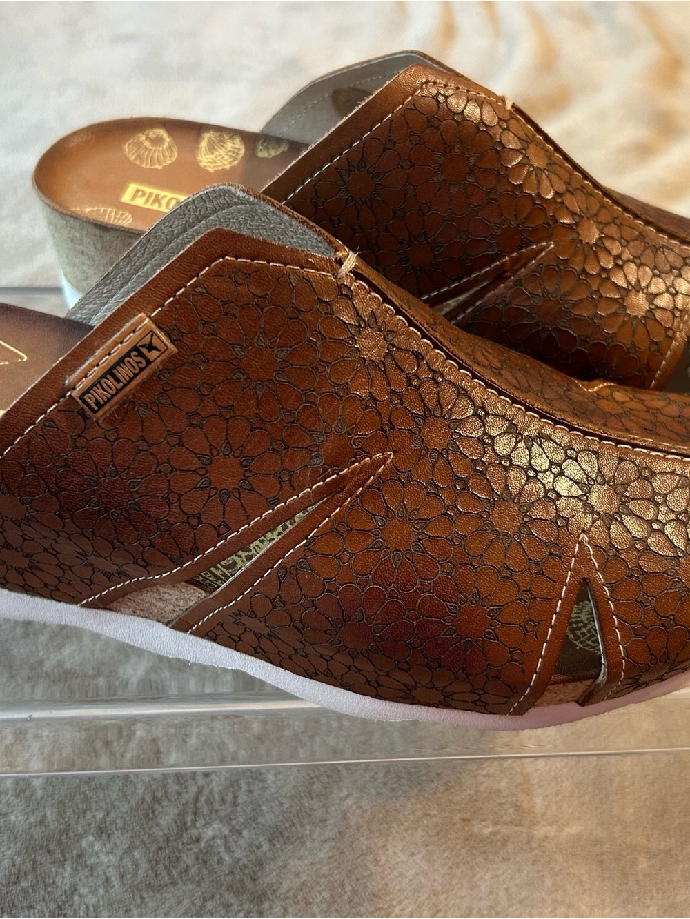 PIKOLINOS Brown Floral-Embossed Leather Slip-On Wedge Mules